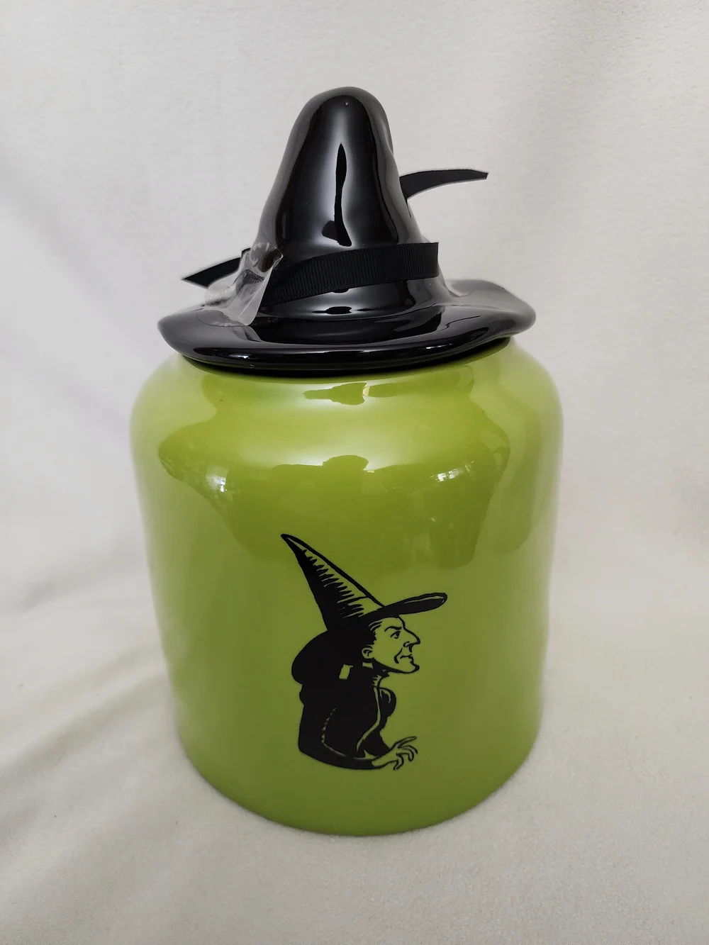 Halloween Green Ceramic Treat Jar with Black Witch Hat Lid Wizard Of Oz